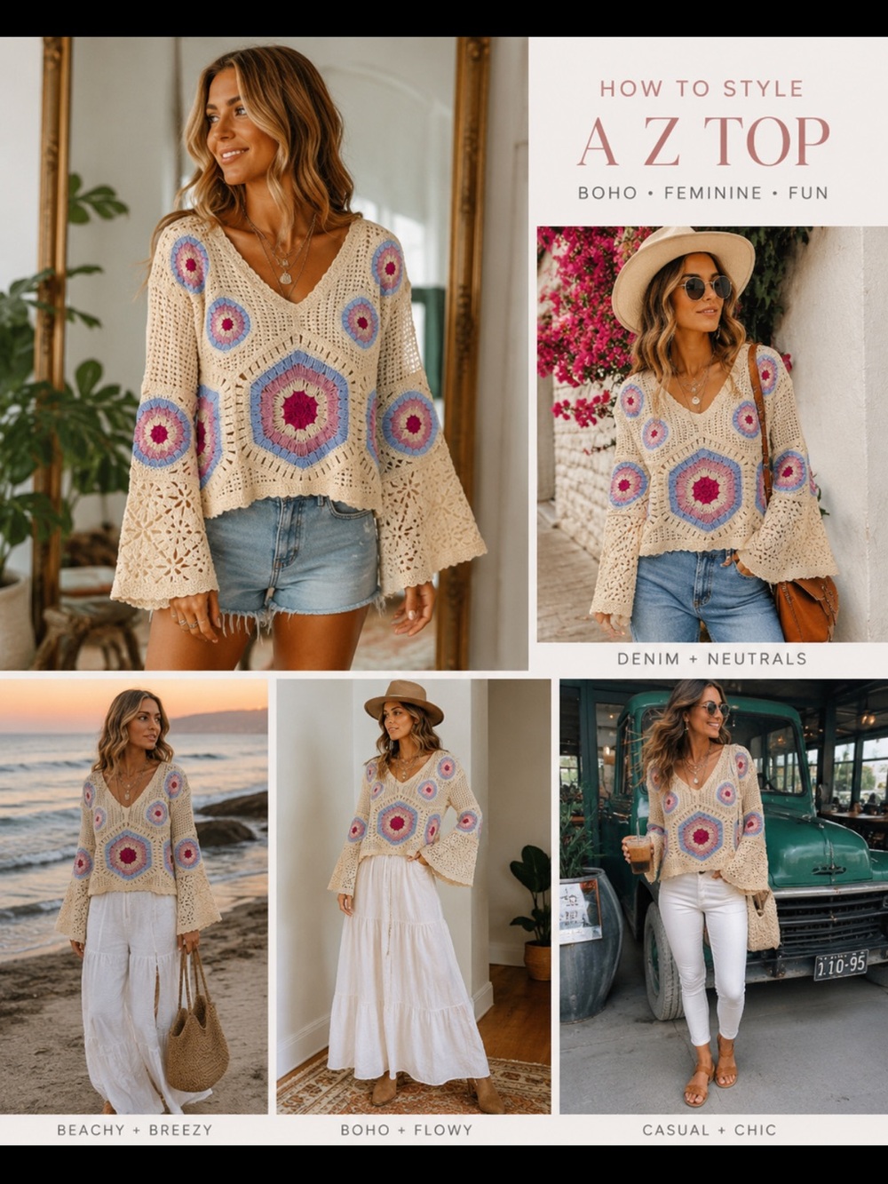 NWT AZ Boutique Boho Crochet V-Neck Sweater OSFM